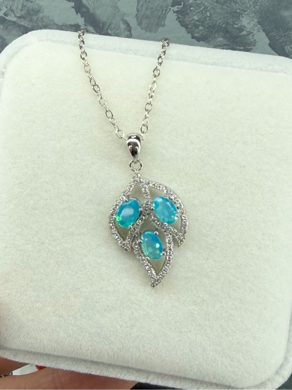 Vibrant 925 Sterling Silver Genuine Blue Fire Opal Leaf Pendant Necklace 18”